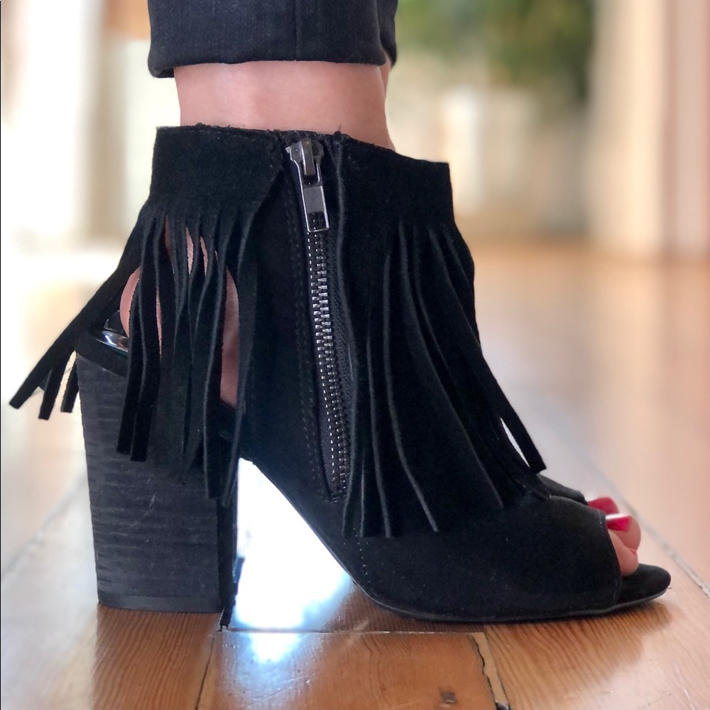Carlos Santana Black Suede Fringe Peep-Toe Ankle Booties